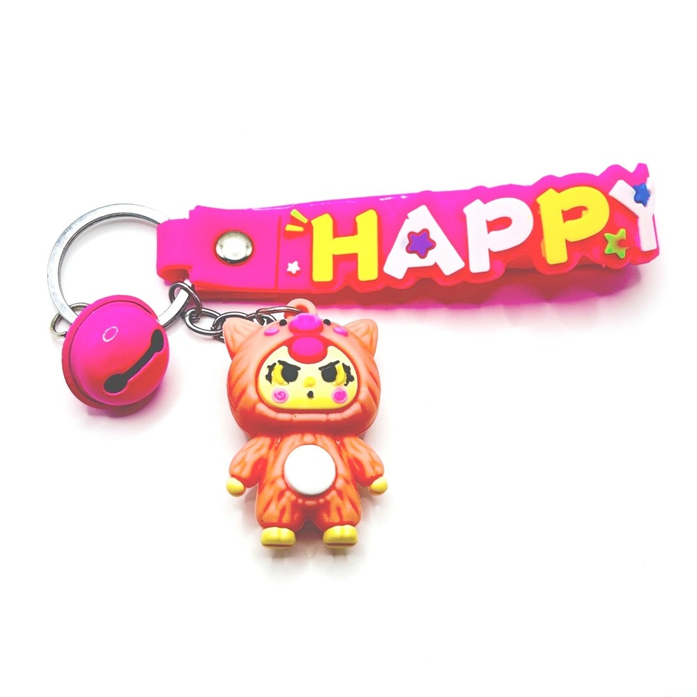 Happy Character Keychain Unisex OS Pink Orange Silicone Wristlet Bell